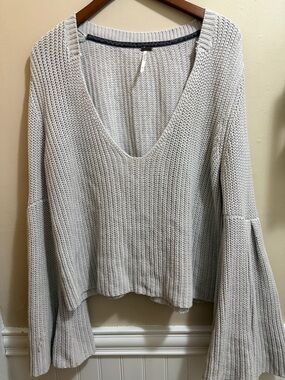 Free People Light Grey V-Neck Knit Sweater with Flared Sleeves